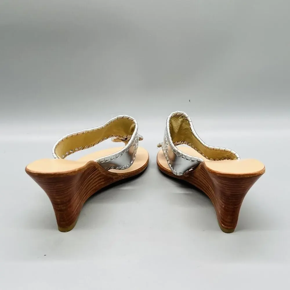 Jack Rogers Sandals Womens 7 Silver Leather Thong Medallion Wedge Heel Shoes